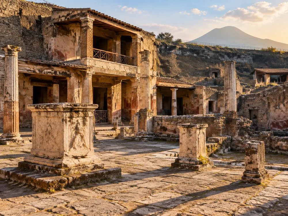 La terrazza sacra sopra l’antica linea di costa, con il Vesuvio sullo sfondo